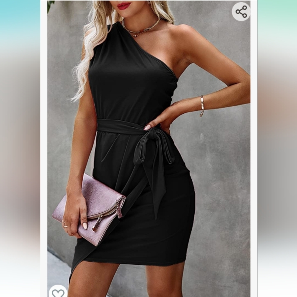 PRETTYGARDEN Sleeveless one bare shoulder Dress little black dress - Picture 5 of 10